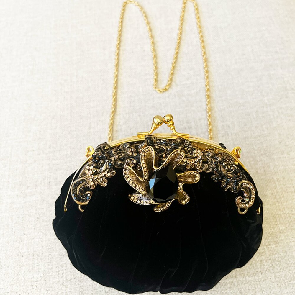 Letty Rare, Vintage Black Velvet Bag with Rhinestones / Decorative Clasp